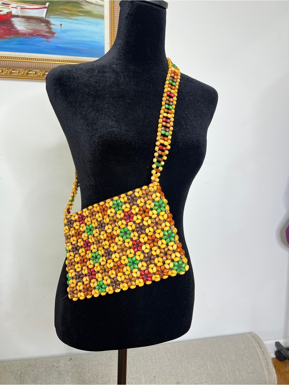Hand Crafted Yellow, Green, Red & Brown Beaded Shoulder Bag